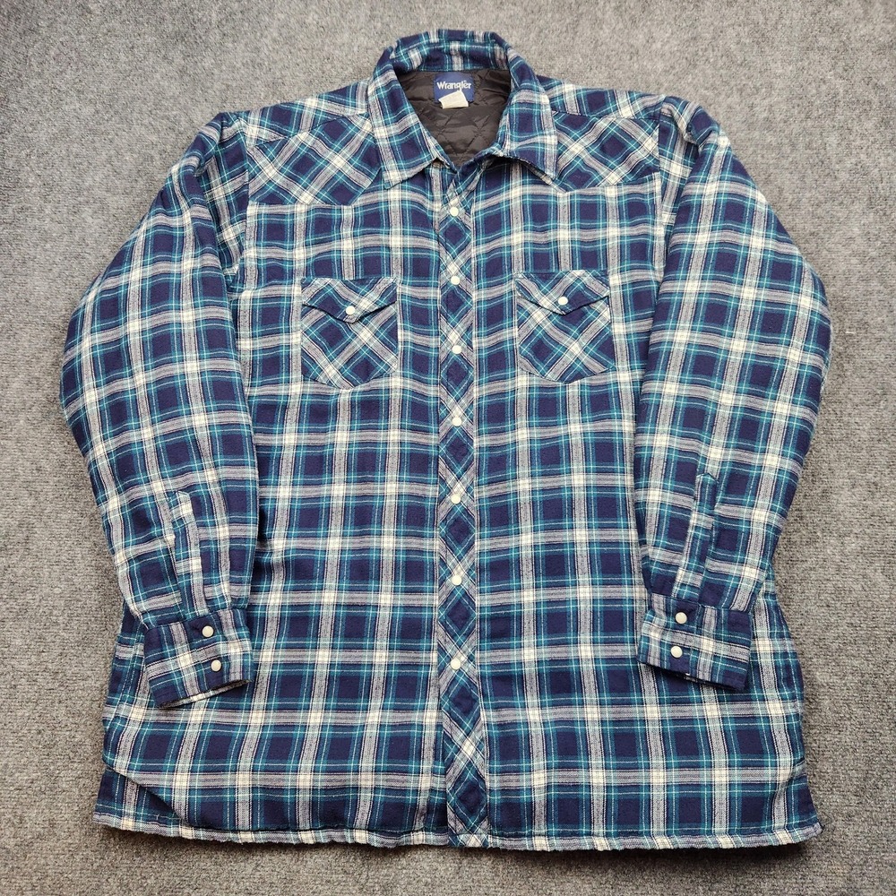 Wrangler Shirt Jacket Mens 2XLT Blue Plaid Quilted Flannel Western‎ Pearl Snap